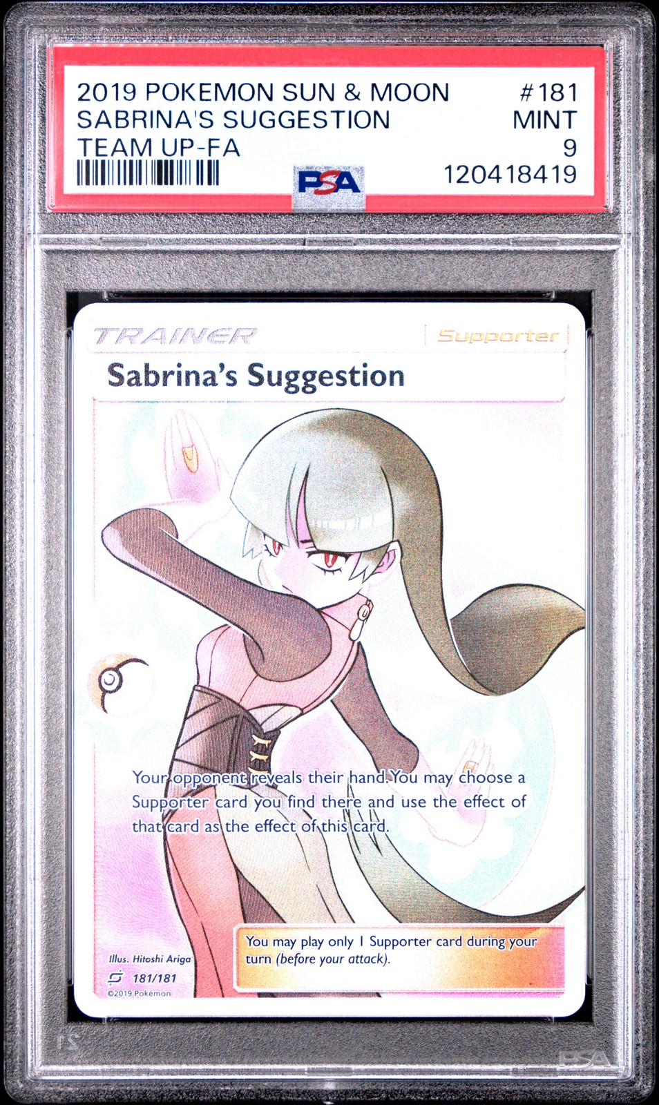 2019 POKEMON SUN & MOON TEAM UP #181 FULL ART/SABRINA'S SUGGESTION PSA 9