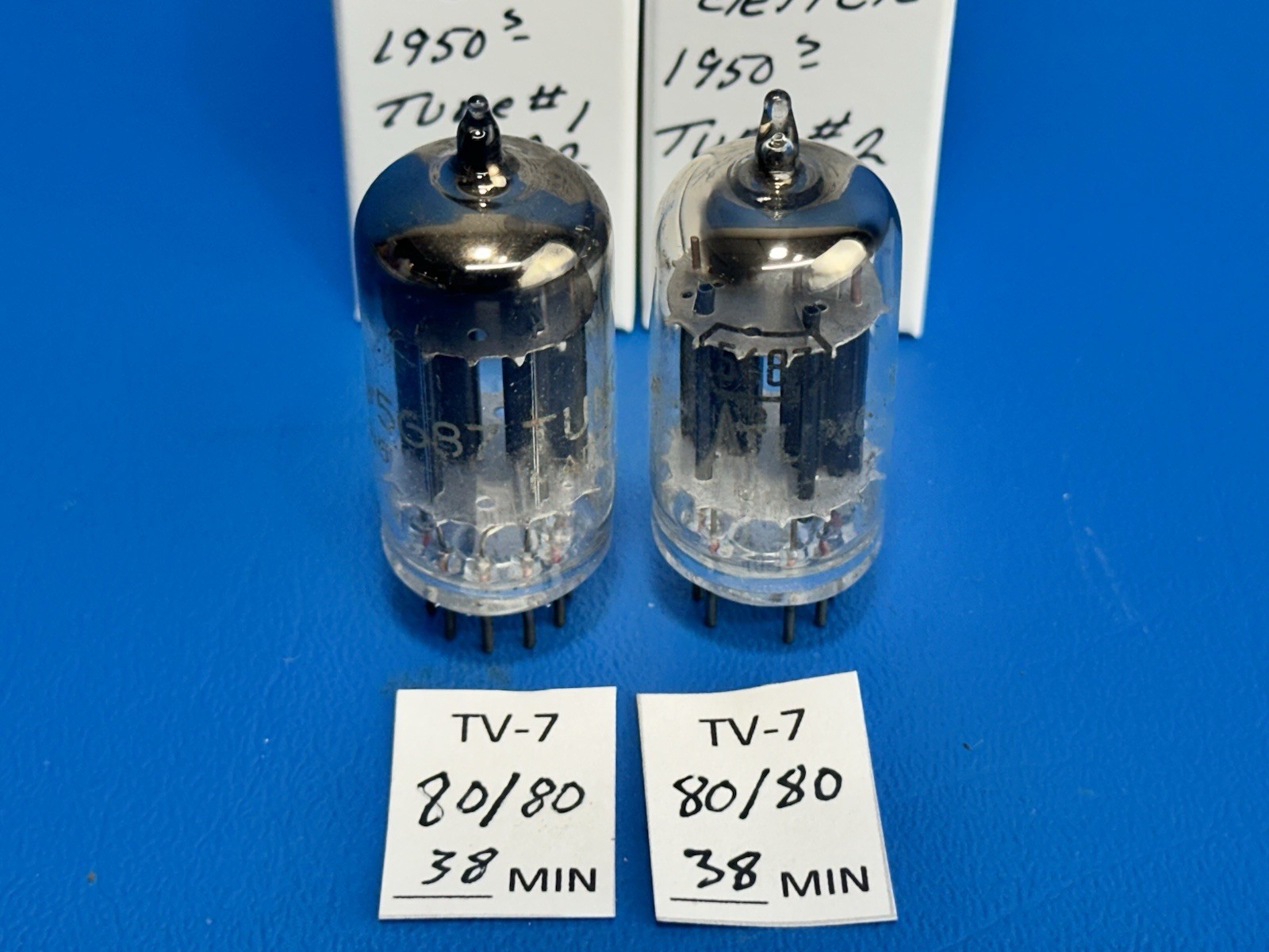 MATCHED PAIR 1950s BLACK PLATE D GETTER TUNG SOL  JTL 5687 TUBES OVER 100%