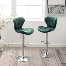 Set of 2 Green Swivel Barstools Adjustable Height Modern Velvet Upholstered