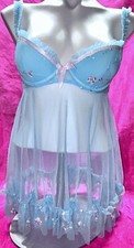   Vtg Delicates Blue Lace Ruffles Second Skin Babydoll- Size Small   