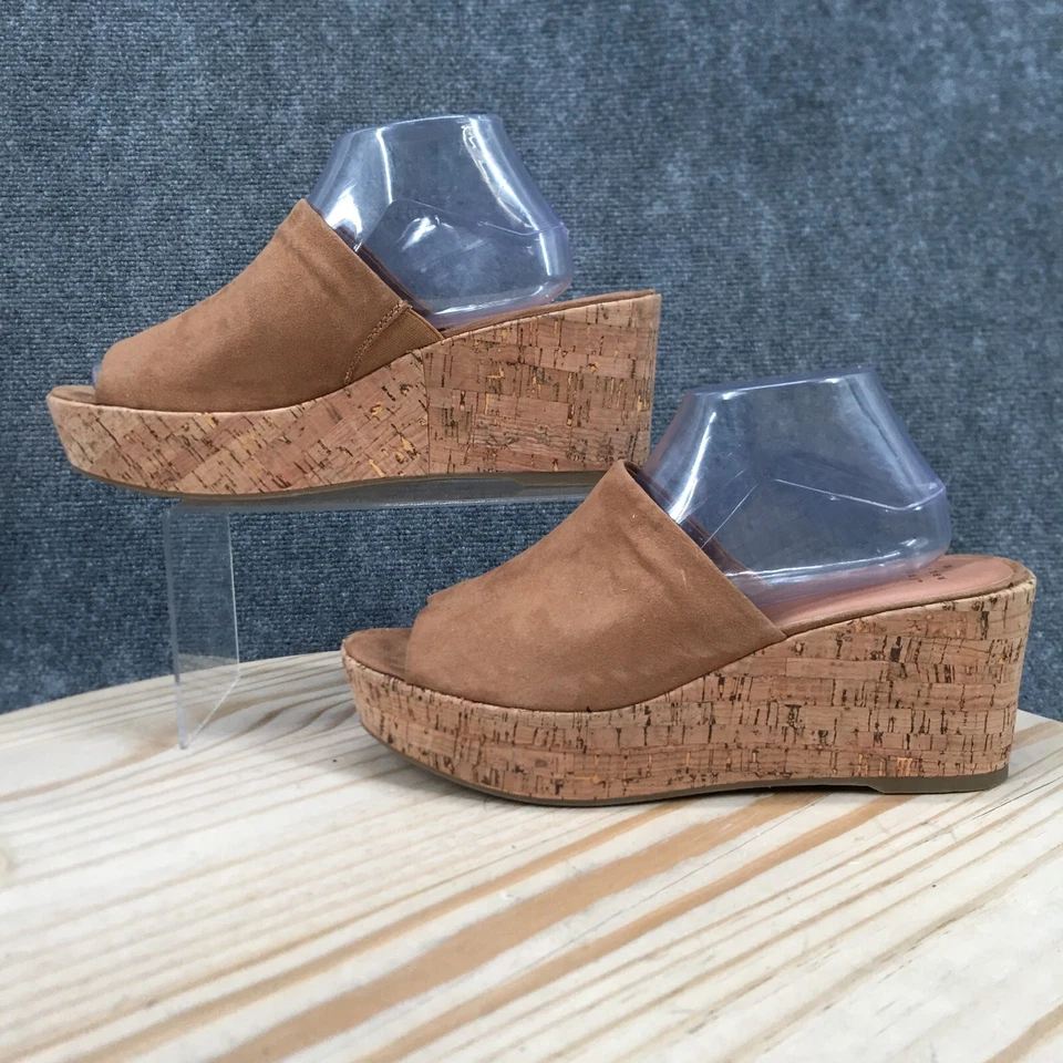 A New Day Sandals Womens 11 Slides Brown Cork Wedge Heels Casual Slip On Fabric - Image 2 of 4