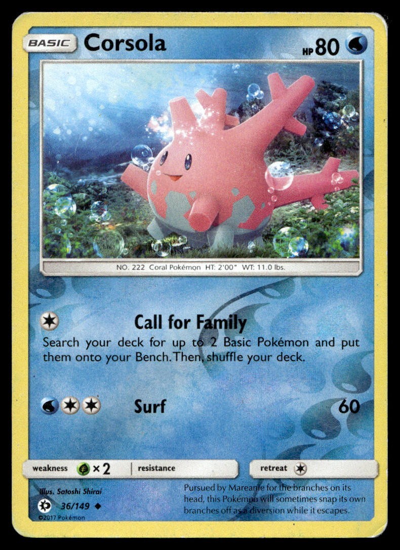Corsola 36/149 Pokemon Card Sun & Moon Uncommon Rev Holo 80 HP Played N12