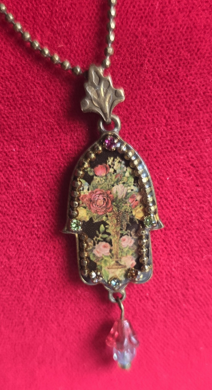 BEAUTIFUL MICHAL NEGRIN HAMSA PENDANT NECKLACE ROSES SWAROVSKI