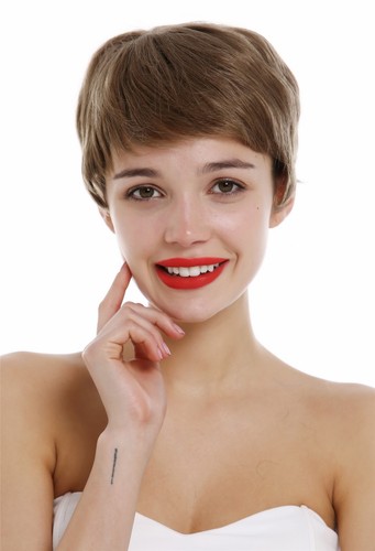 Parrucca Capelli Veri Donna Uomo Corto Ondulato Fransig Ciotola Cut Chiaro Braun - Foto 2 di 6