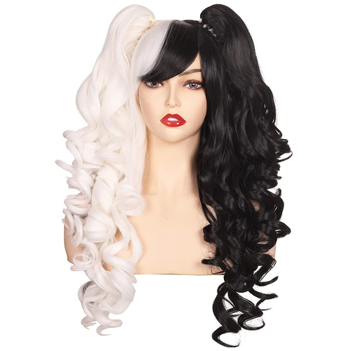 Colorground Long Curly Cosplay Wig With 2 Ponytails Half Black Half White Ebay