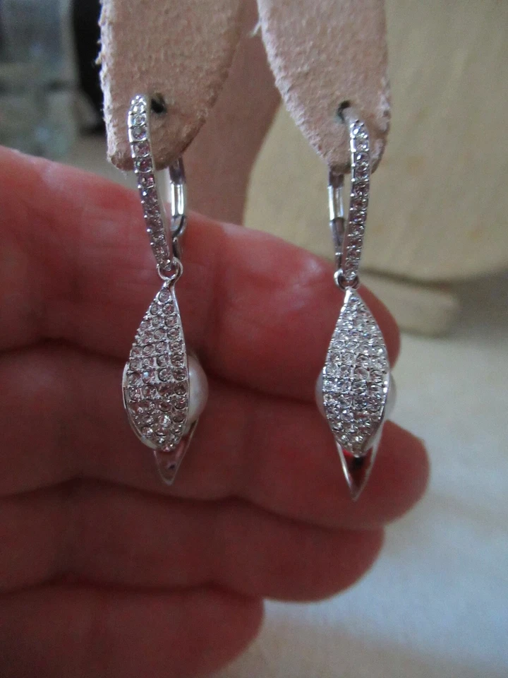 NWT Nadri Rhodium Plated Drop Faux Pearl Earrings/ Cubic Zirconias  - Image 2 of 4