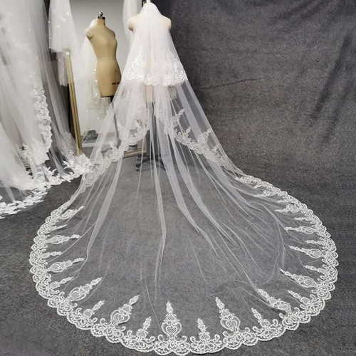 Bling Sequins Lace 2 Layers Bridal Veil with Comb Cathedral Wedding Veils 3M - Picture 4 of 13