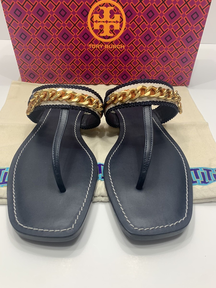 Tory Burch Mini Benton Chain Band Sandal Navy/Tan, Size 10