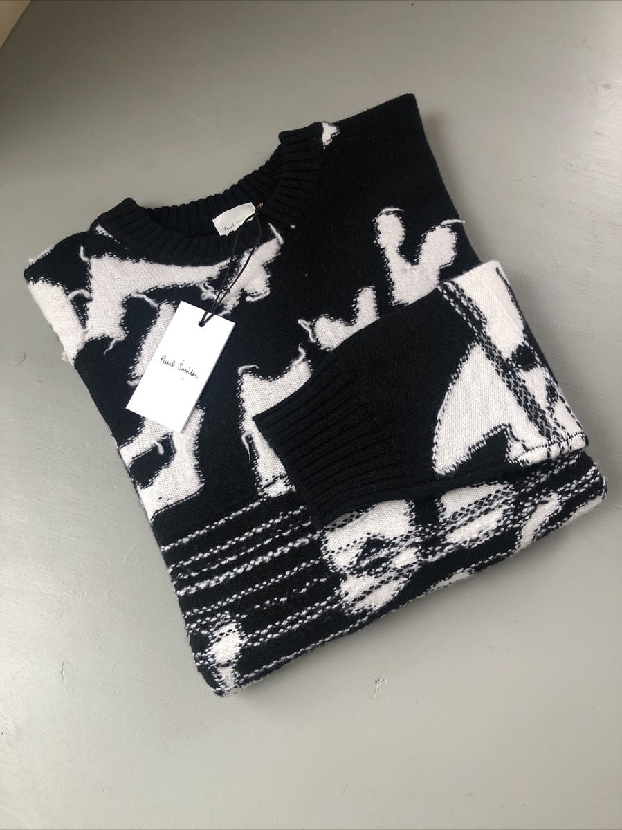 Designer Paul Smith Black White Lambswool Crew Neck Pullover S