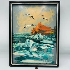 Morris Katz 1978 Original Oil Painting Sea Scape Seagulls Ocean Rocks Waves Art