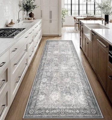 Distressed Grey Boho Runner Rug 2.5x8 Vintage Steel Hallway Anti-Slip Carpet