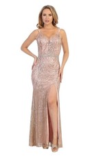 NWT Rose Gold Sleeveless V-Neck Sequined Evening Gown Women's XL High Leg Slit