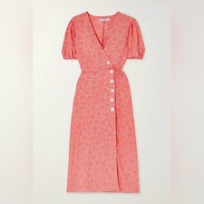 EUC Faithfull The Brand Fran Maurie Pink Floral Midi Dress Puff Sleeve Wrap Sz 6