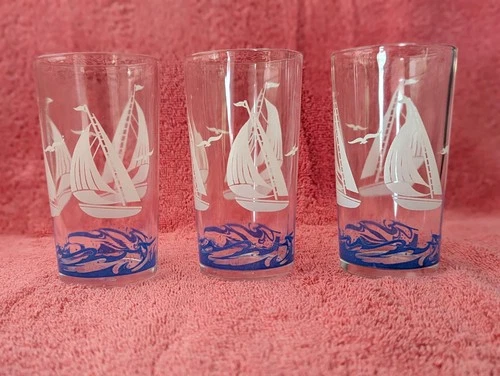 VTG Set 4 Federal Sailboat 8 oz Drinking Glass Tumblers 4 3/4"H