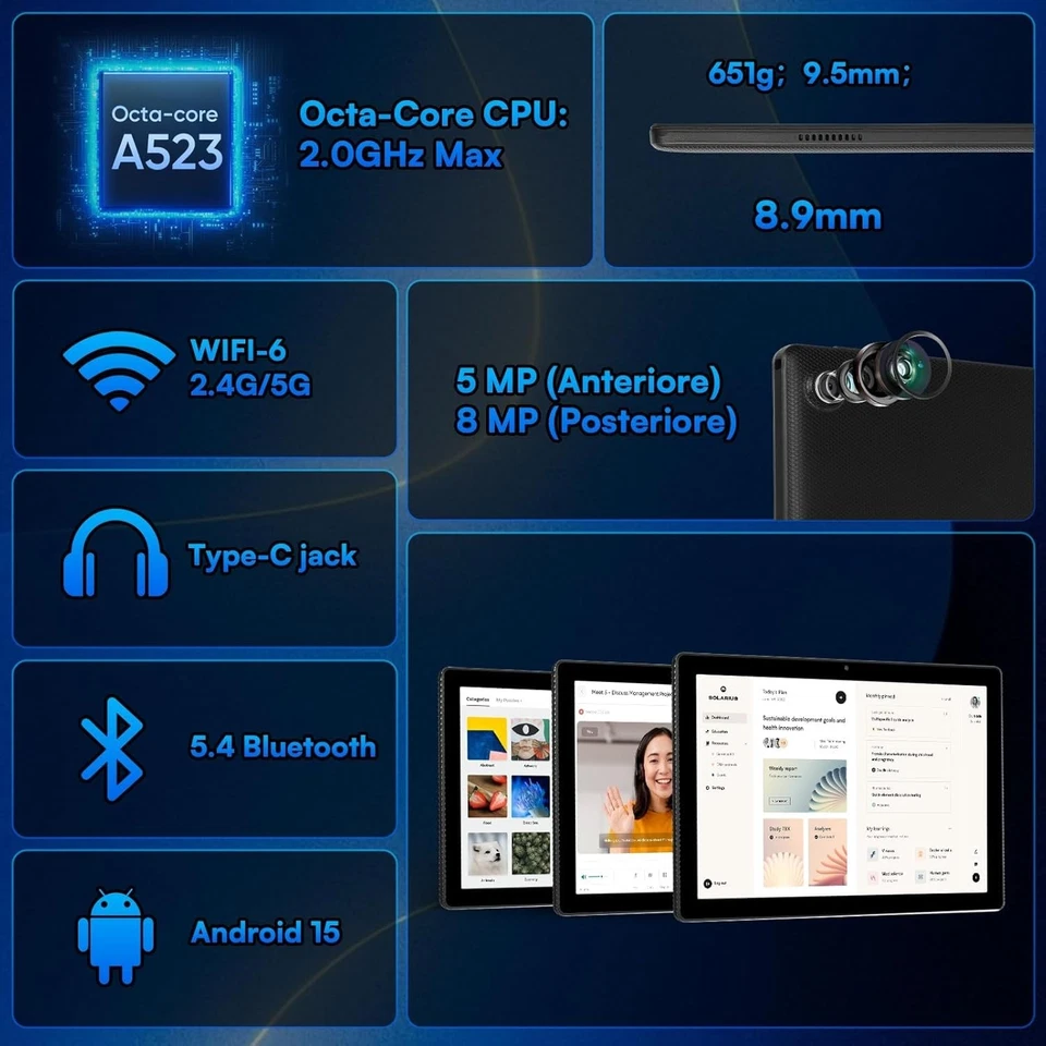 Tablet, Android 15 Tablet 10 Pollici Con Tastiera, 20GB+64GB+1TB, Octa-Core, Fac - Immagine 2 di 4