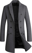 Mens Double Breasted Wool Blend Pea Coat Slim Fit Long Winter Business Overcoat