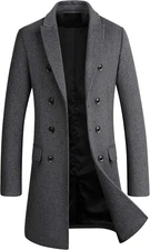 Mens Double Breasted Wool Blend Pea Coat Slim Fit Long Winter Business Overcoat