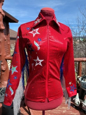 Western show shirt, red white blue, queen, rodeo, womens S 32/34 bust - Photo 1/4