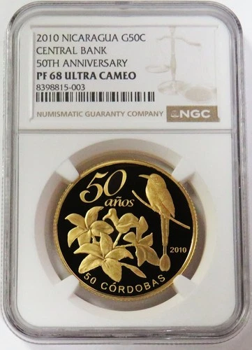2010 GOLD 80 MINTED NICARAGUA 50 CORDOBAS CENTRAL BANK ANNIV 1oz NGC PF 68 UC