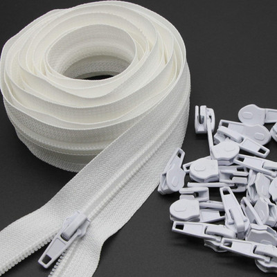 Nylon Zipper - 10 Yards Continuous, 5# Cuttable, with 25 White Zipper Pull Slide