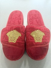 VERSACE Red Plush Terry Cloth Logo Slides Medusa Head Slippers Sandals EU40