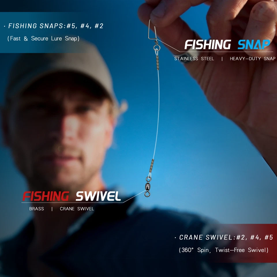 Líder de fluorocarbono de pesca con grúa giratoria y broches de presión - Resistente 20-80 lb Foto 2 de 4