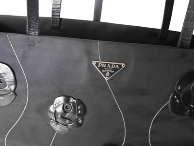 Prada Flower Handbag Black Nylon Tote Bag Shoulder Bag Triangle