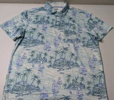 Izod Saltwater Tropical Polo Shirt Men's L Blue Graphic Sailboat Runs Small