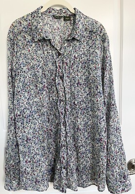 EDDIE BAUER XL FLORAL RUFFLE BUTTON DOWN LS BLOUSE TOP SHIRT 100% COTTON