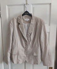 M&s Beige Flax Linen Blend Lined Jacket Blazer Faux Pockets Padded Shoulders 18