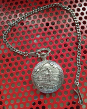 Steam Locomotive Engraved Milan Quartz Pocket Watch w/ Chain No Batteries