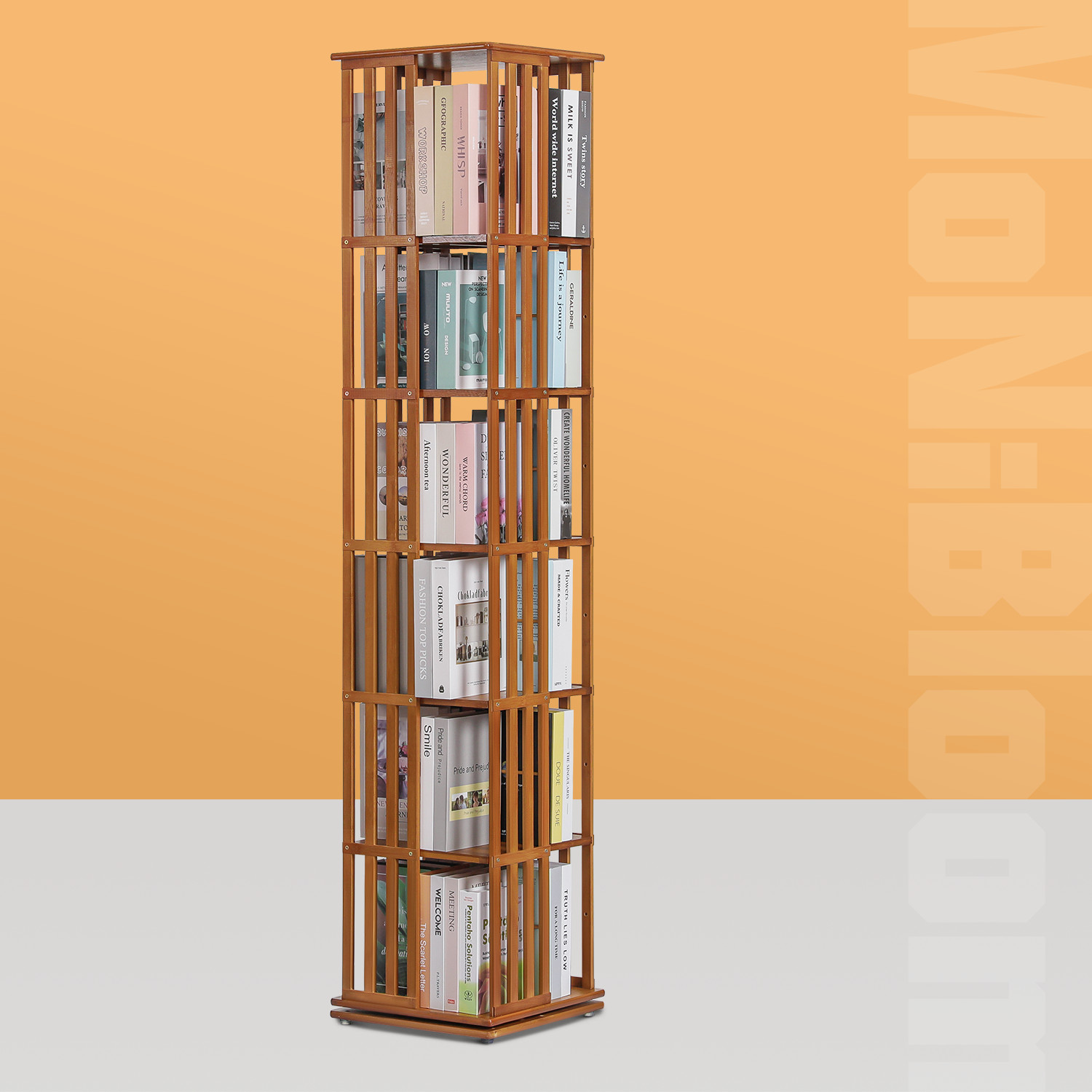 Brown Bamboo Slat Panel [ROTATABLE BOOKSHELF]Open Shelving Magazine Storage Rack