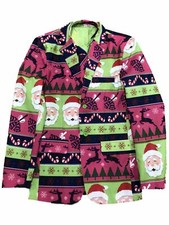 Mens Pink Santa Claus Reindeer Holiday Christmas Suit Blazer  Tie