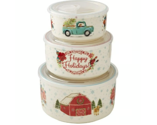 Pioneer Woman Holiday Barn Medley 6 Pc Round Nesting Stoneware Bakeware & Lids - Picture 1 of 1