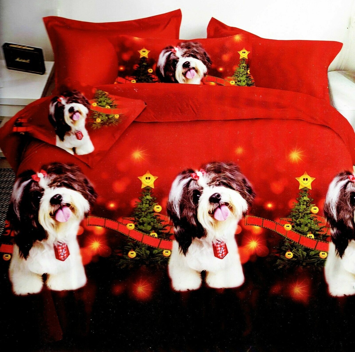 Weihnachts-Steppdecke Queen Size – Mit Rentieren & Schneeflocken, Rot, Inkl. 2 Kissenbezüge