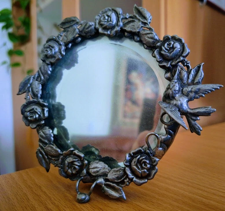 Art Nouveau Style Framed Mirror Pewter Floral Bird Motif Round Wreath - Image 3 of 4