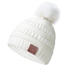 Bluetooth Beanie Hat for Men  Women girls CC Call Double-Layer Knit Mic White