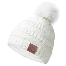 Bluetooth Beanie Hat for Men & Women girls  CC Call Double-Layer Knit Mic White