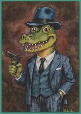 Quadro acquerello ACEO 2,5x3,5 - coccodrillo gangster carino racconto accogliente