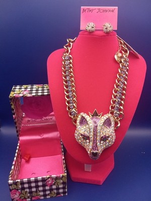 NWT Betsey Johnson Imperial Princess Purple Crown Fox Head Necklace&earrings Set