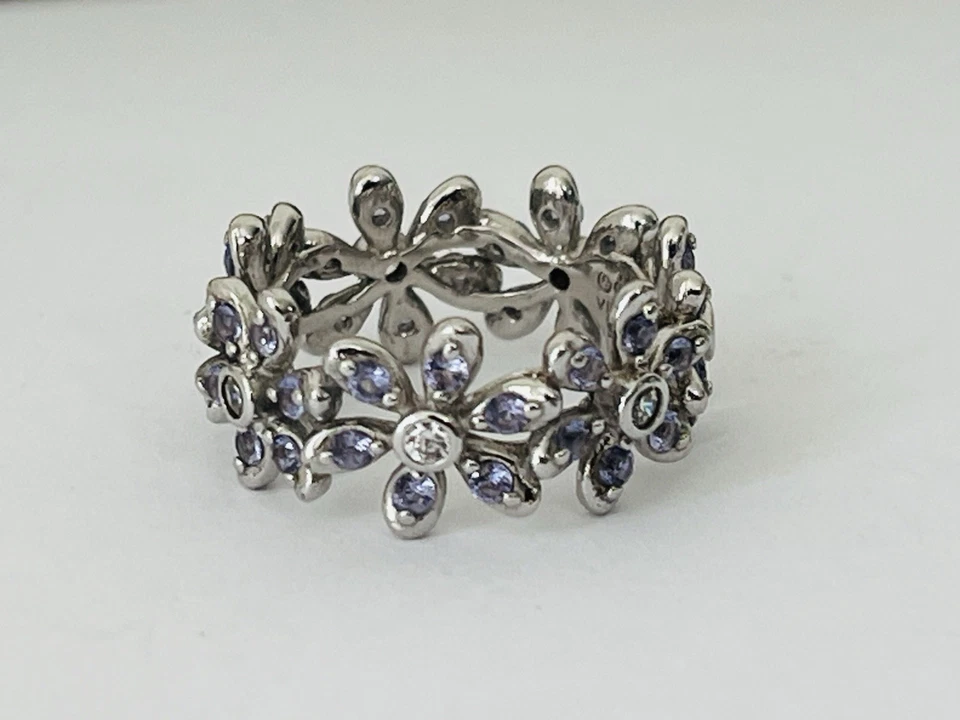 Diamonique Sterling Silver 925 Tanzanite CZ Floral Eternity Band Ring Size 6 - Image 4 of 4