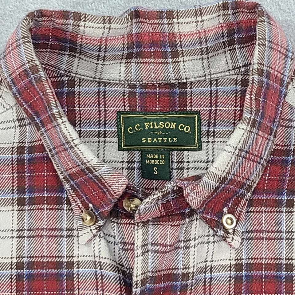 CC Filson Button Flannel Shirt Mens Small Red Plaid LS Bull Embroidery Outdoor - Image 3 of 4