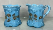 ANTIQUE!  Northwood "Chrysanthemum Sprig" pattern glass creamer and sugar w 22kt