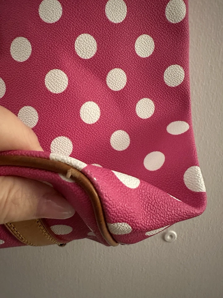 Dooney & Bourke Tote Bag Pink White Polka Dot Shopper Vachetta Leather Trim - Image 4 of 4