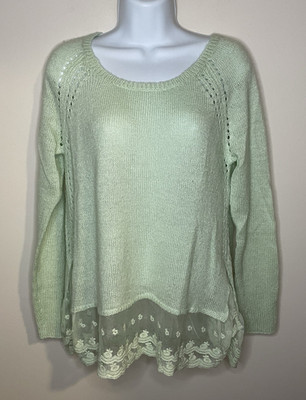 Frenchi Nordstrom Sweater Women Small Pullover Lt. Green Embroidery L/S Boho