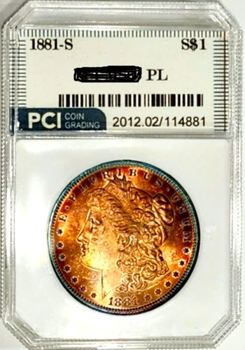 1881-S  Gem BU PL Proof-like Morgan Dollar Golden  Rainbow Toned