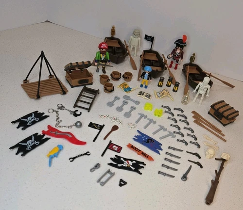 Vintage Playmobil Pirates Lot Boats Treasure Map/Chests Guns Knives Flags Cards