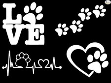 Decals 4 Pack: Paws, Love with a Paw, Heartbeat, Color: WhiteSize: Small 3.5