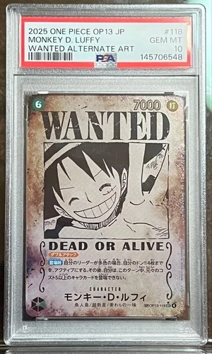 PSA 10 Luffy OP13-118 One Piece Card SEC Wanted SP Alt Art Carrying on His Will