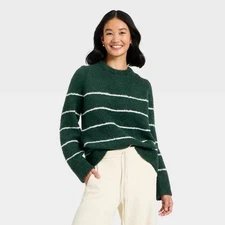 Women's Long Sleeve Fuzzy Pullover Sweater - A New Day Green Striped